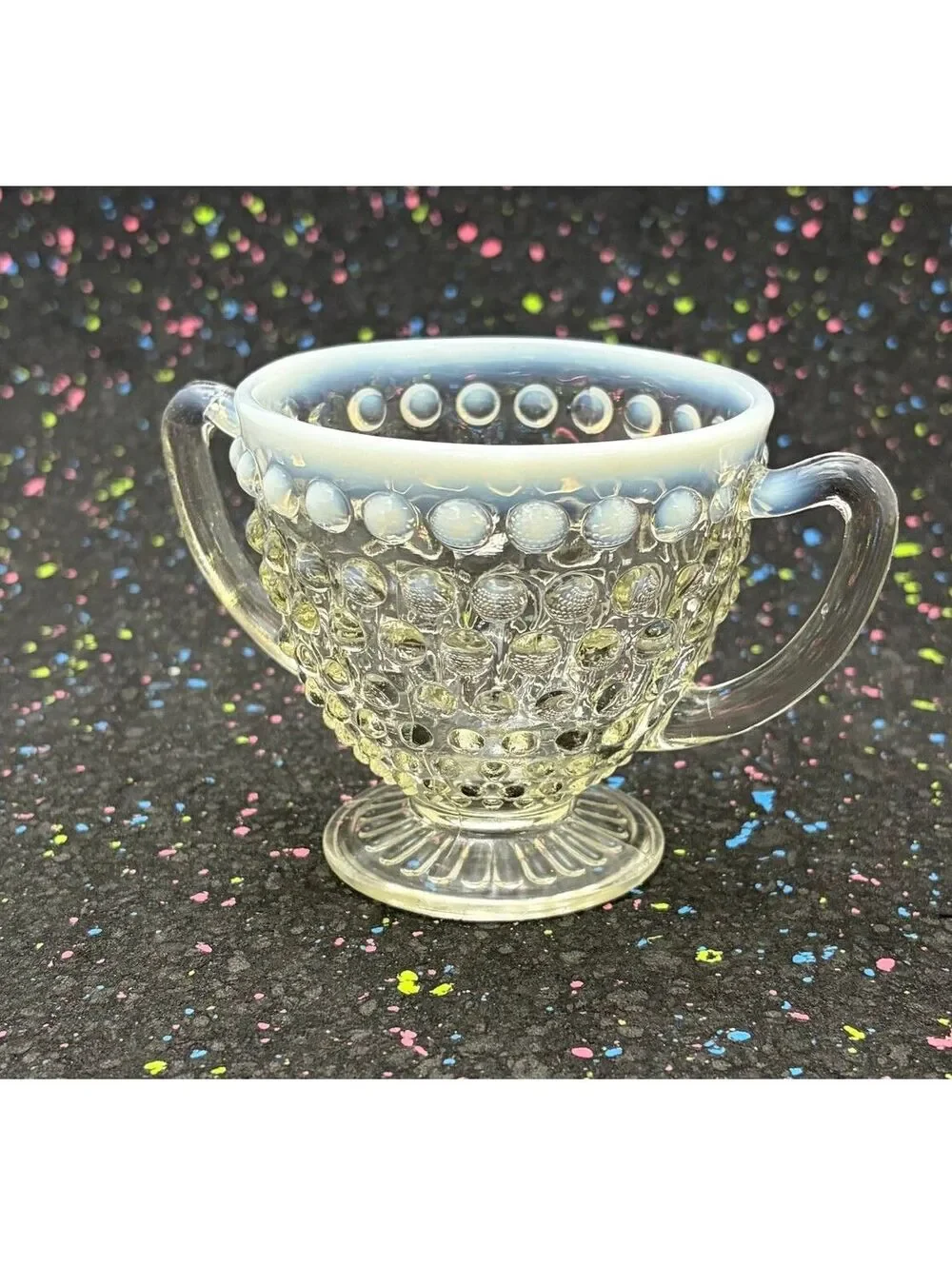 Vintage Clear Glass Hobnail Sugar Bowl with Lid and Two Handles